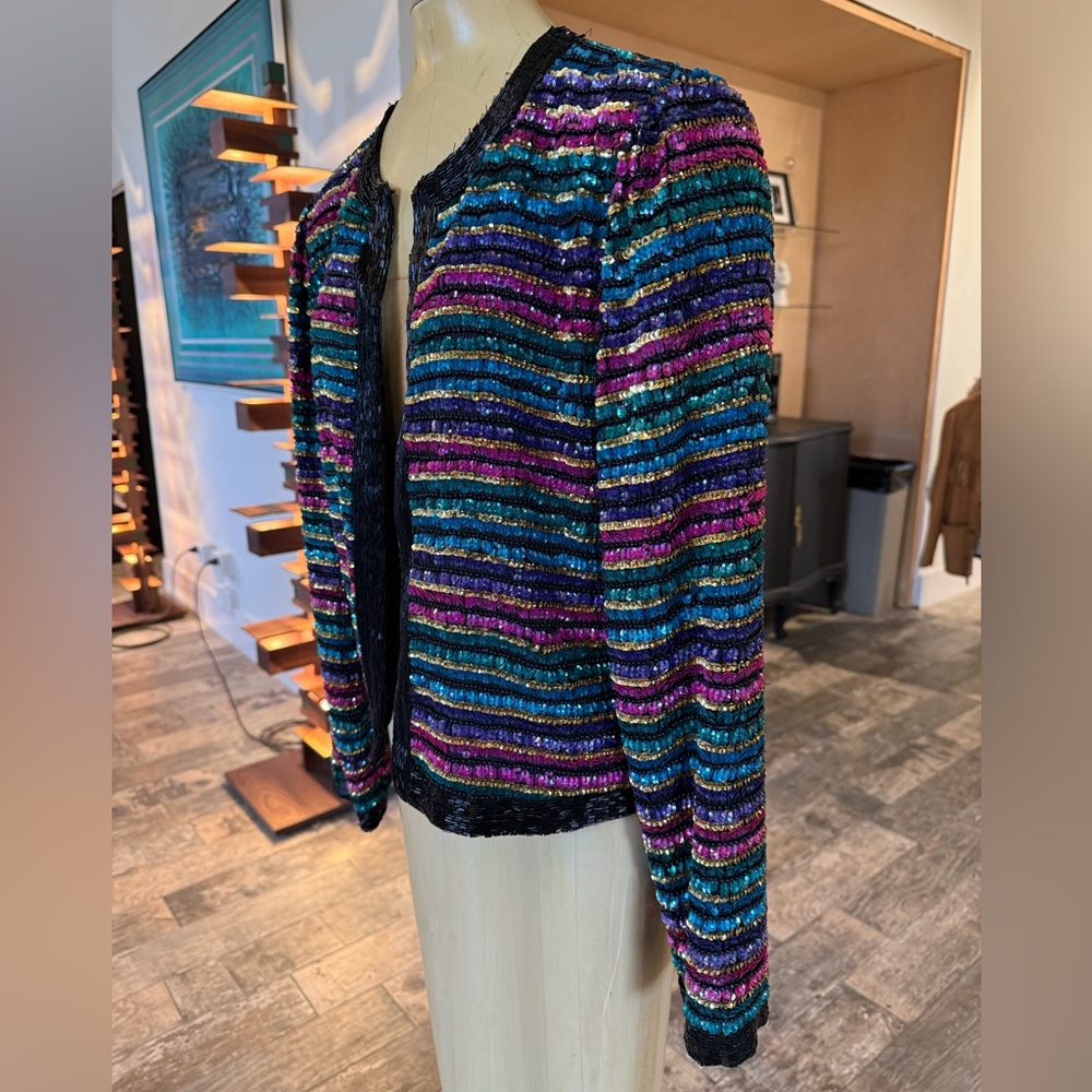 Vintage 80s Laurence Kazar Vibrant Sequin Silk Blazer Small